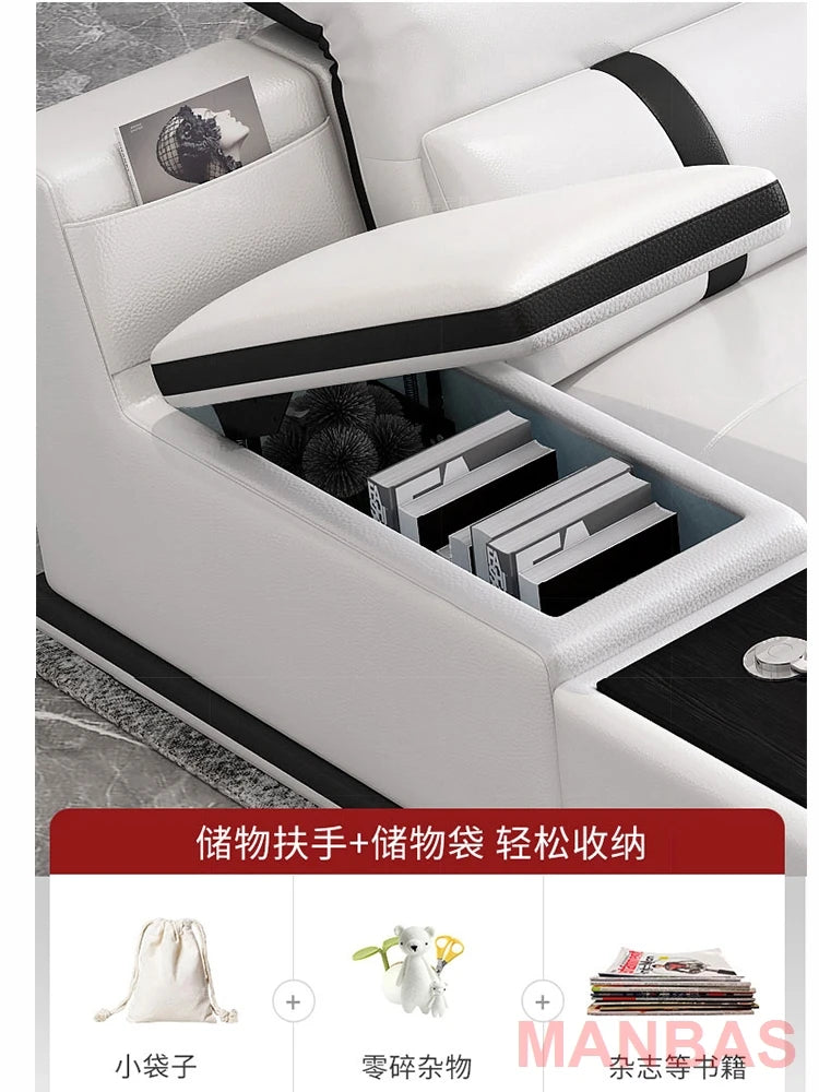 Italian Genuine Leather Sectional Sofa with Bluetooth, Speaker, Functional Headrest, Massage Chaise L Shape Corner