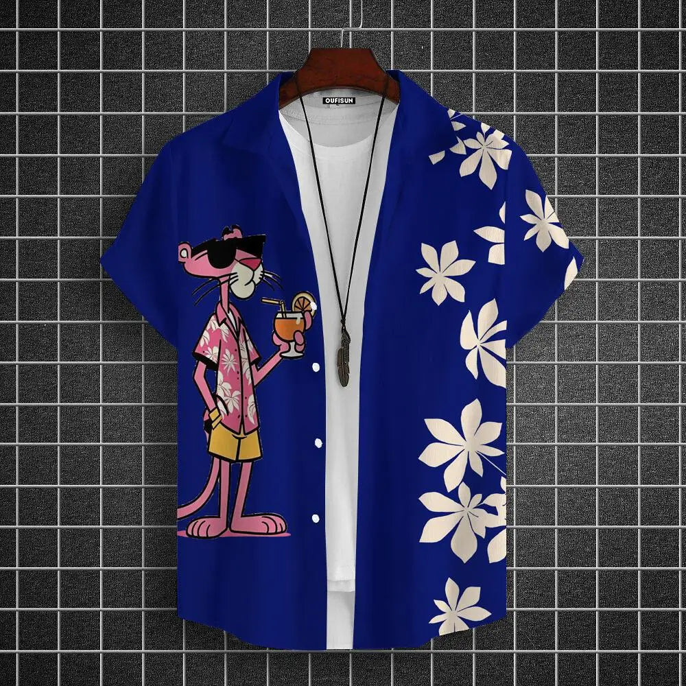 Men's  Cartoon leopard Graphic Print Short Sleeve Lapel Shirt Tops Men's Casual Button-Down Shirts For Summer Daily Wear Resort