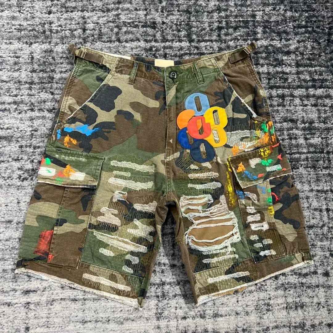 Retro Camouflage Cargo Denim Shorts Y2K Jeans Mens Pocket Embroidery Baggy Shorts Low Waist Over The Knee Pants Casual Shorts