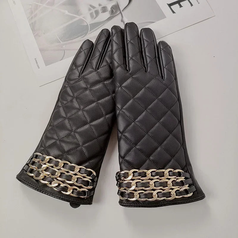 Women Black Chain Thickened Plush PU Leather Gloves