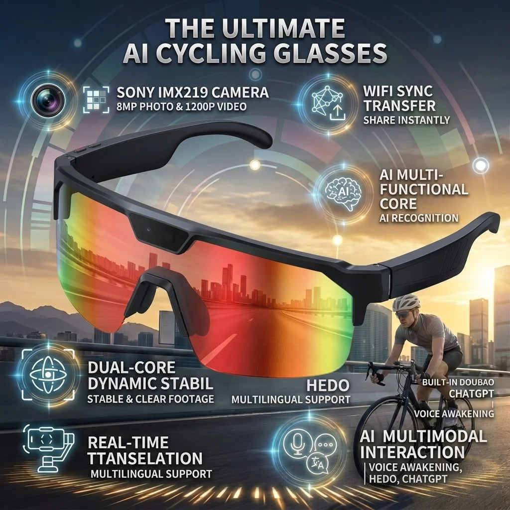 800W 4k HD Camera Smart Glasses Anti-shake Cycling Riding Shooting Dual Mic Noise Reduction & Windproof