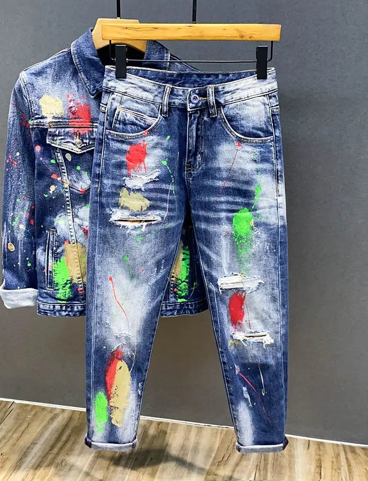 Luxury Brand 2026 Graffiti Jeans Men's Fashion Ripped Spray Paint Pants Ruffian Streetwears