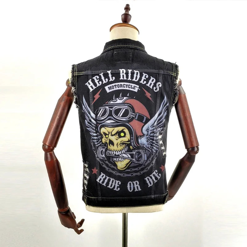 Men's retro fashion motorcycle sleeveless denim vest jacket high street