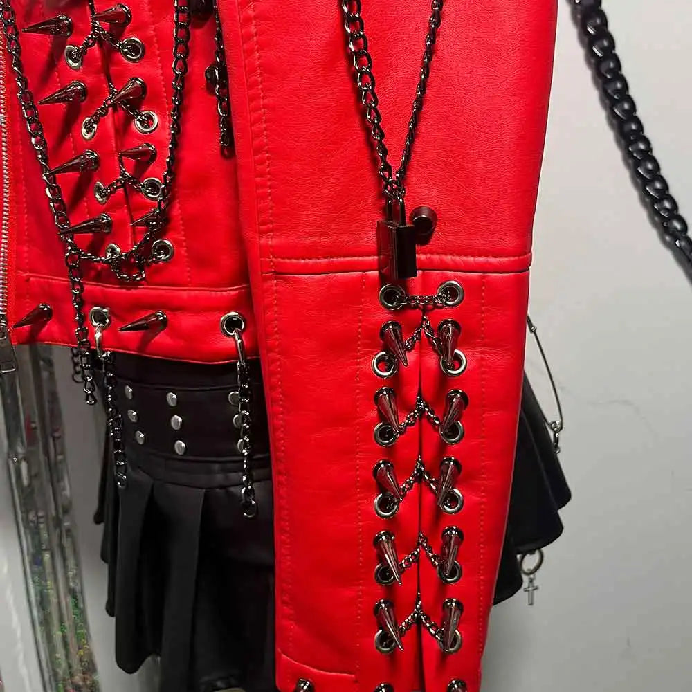 Punk Rock E-Girls Club Wear Harajuku Coat Goth Y2K Pu leather Jacket Zipper Spike Studded Rivet Grunge Chain Emo