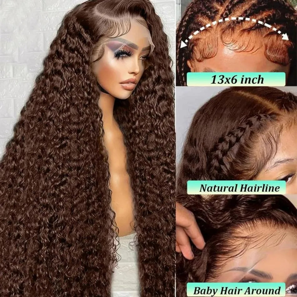 Chocolate Brown 13X6 Human Hair Wigs Hd Lace Frontal Wig Deep Wave Lace Front Wig Curly Colored PrePlucked Brazilian Wig 30 Inch