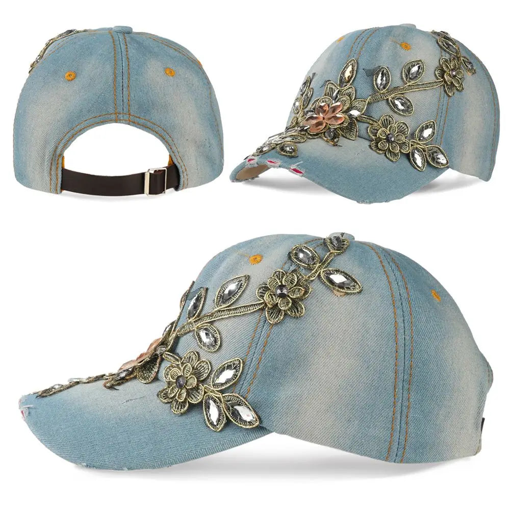 Diamond-studded Baseball Caps Cowboy Hat Cap Golden Flowers