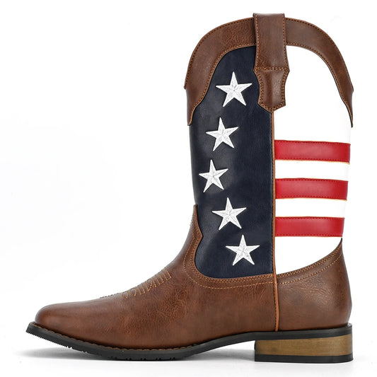 Personalized and Fashionable Five-pointed Star Flag Men's Western Cowboy Boots Daily Casual Set Boots