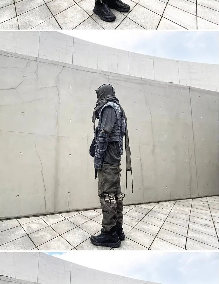 Pioneer Waste Soil Sand Dune Heavy Industry washed Asymmetric stereoscopic Bag Layered High Collar Vest coat