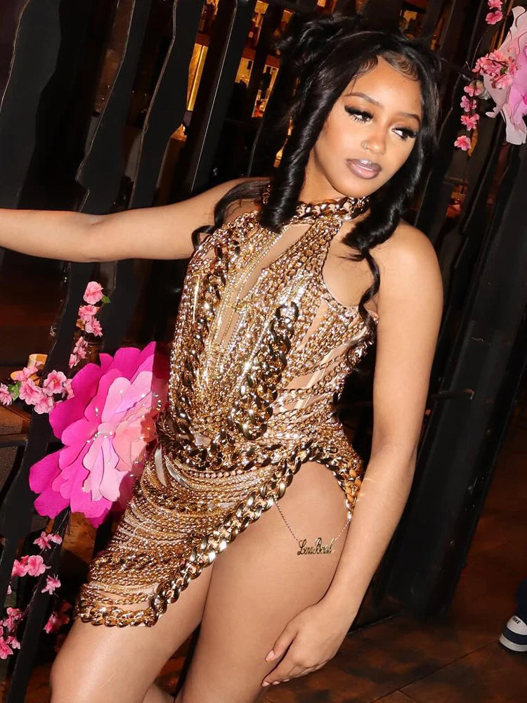 Glamorous Gold Metal Chain - Embellished Halter Mini Dress Side Splitt Club Nights luxury Dresses Vestidos