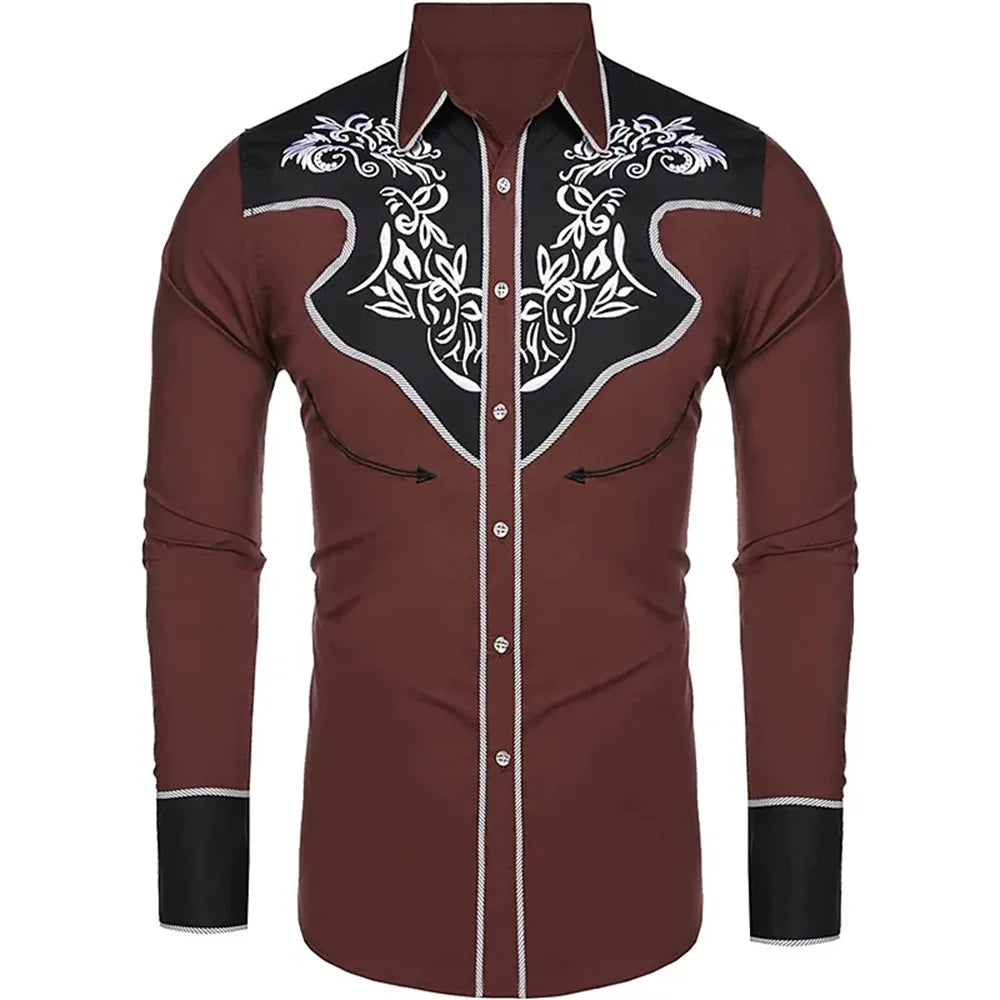 Men's western printed long -sleeved lapel single -breasted shirt casual social men's club street clothing