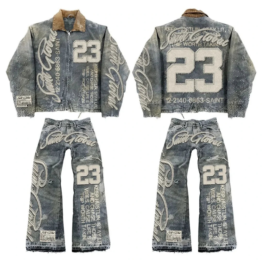 American Retro Denim Jacket  Jeans Two Piece Y2K Clothing Mens Womens Hip Hop Monogram Patchwork Oversized Coats Pants Suit