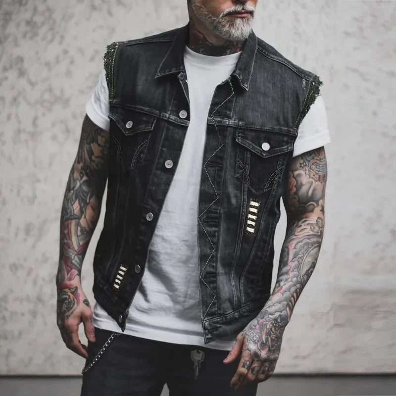 Mens denim jackets high street trend rock punk streetwear motorcycle vests vintage