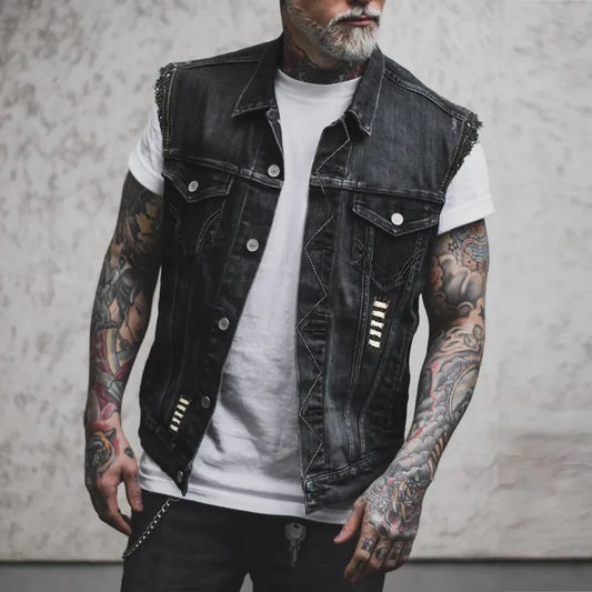 Mens denim jackets high street trend rock punk streetwear motorcycle vests vintage