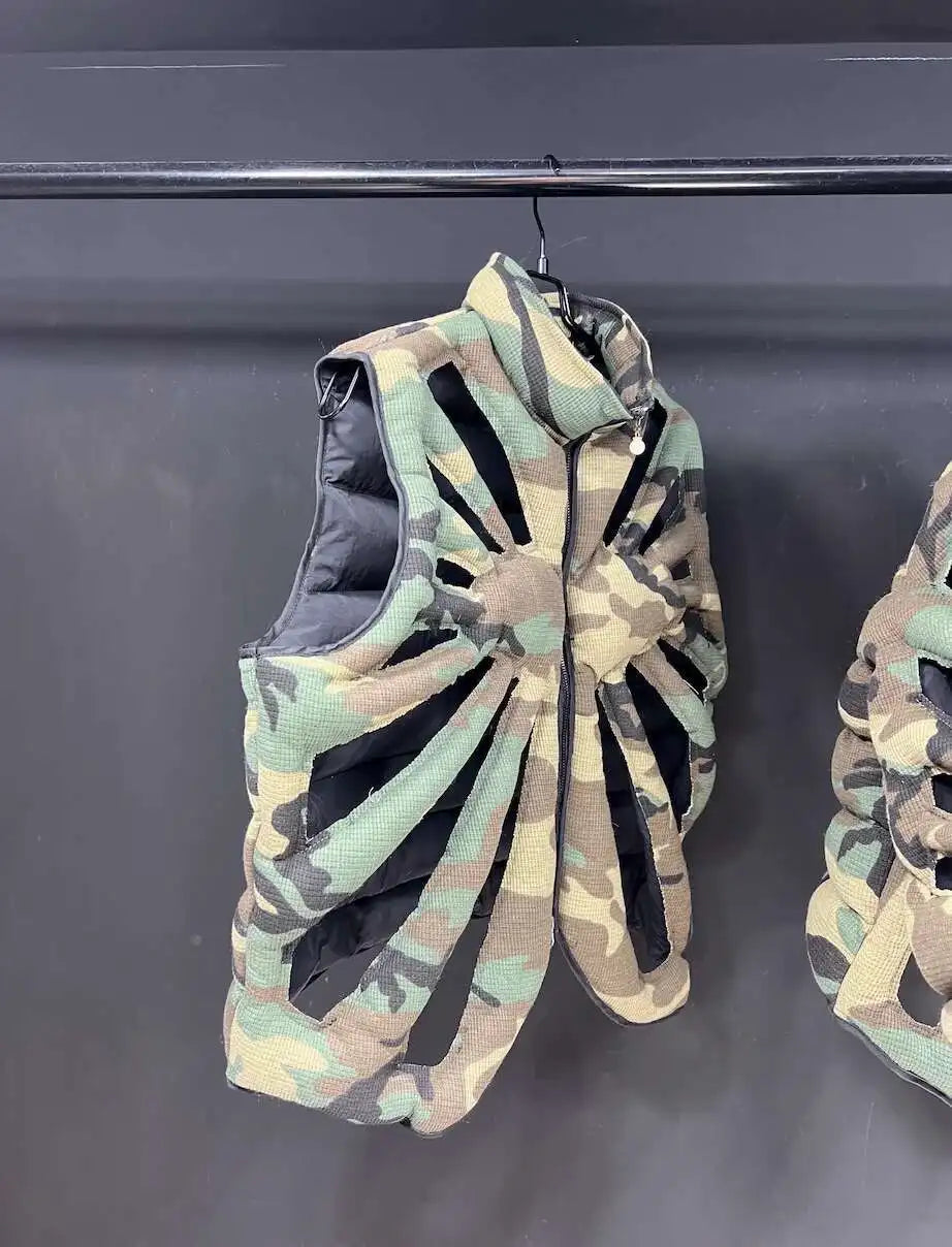 PFHQ Camouflage Vest Jacket Sleeveless Hollow Out Niche Zipper Contrast Color American Streetwear