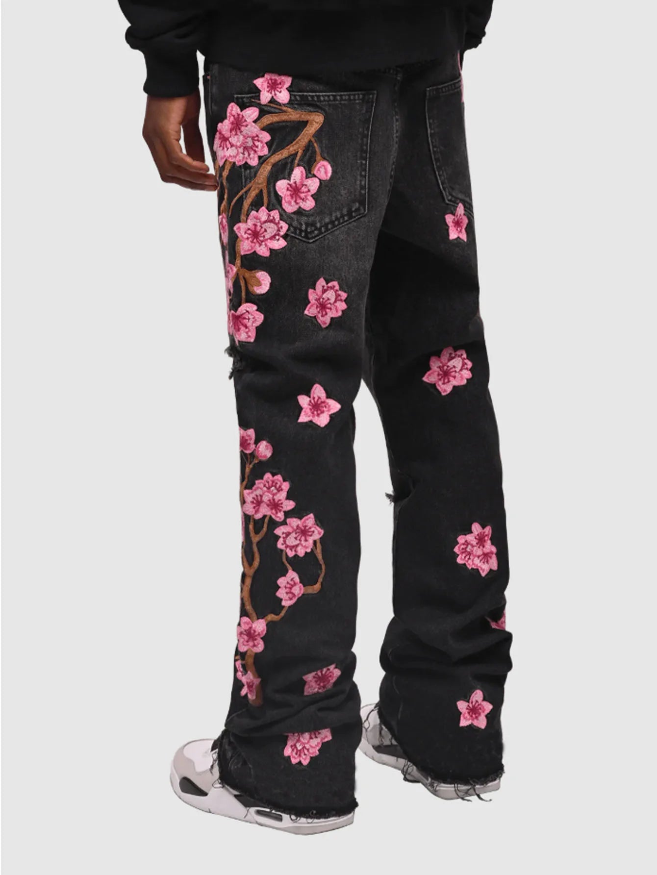 Men Jeans Print Straight Pants Men Denim Jean Button Pockets Pants Streetwear High Street Mid Waist Hole Spliced Spring Summer