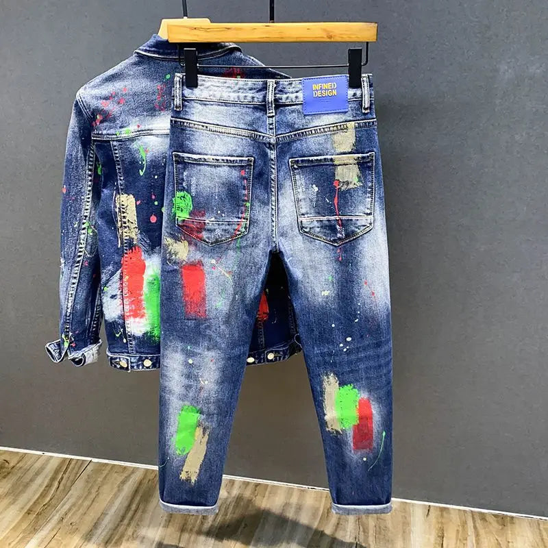 Luxury Brand 2026 Graffiti Jeans Men's Fashion Ripped Spray Paint Pants Ruffian Streetwears