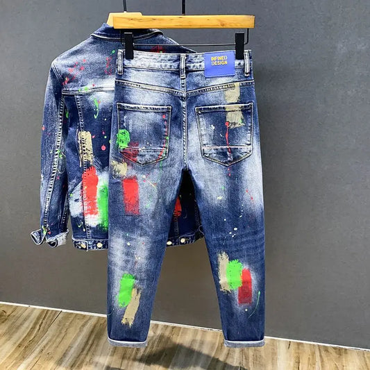Luxury Brand 2026 Graffiti Jeans Men's Fashion Ripped Spray Paint Pants Ruffian Streetwears