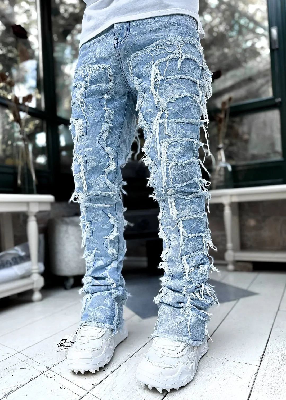 Men Ripped Stacked Jeans Distressed Slim Fit Skinny Straight Leg Jeans Fashion Hip Hop Denim Pants Casual Streetwear
