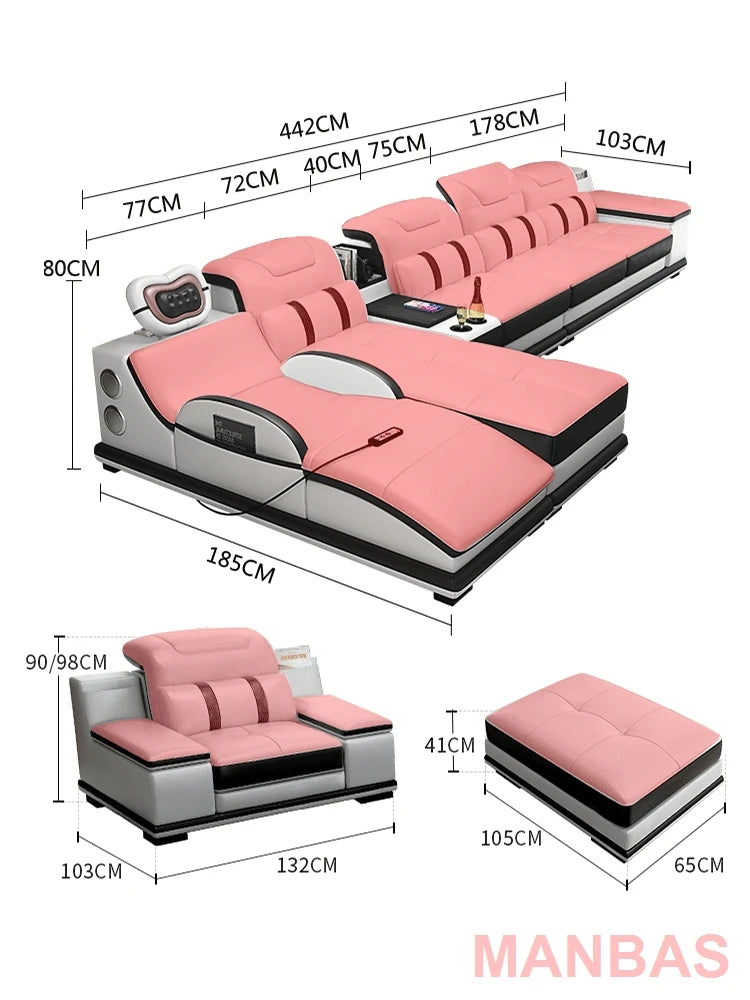 Italian Genuine Leather Sectional Sofa with Bluetooth, Speaker, Functional Headrest, Massage Chaise L Shape Corner