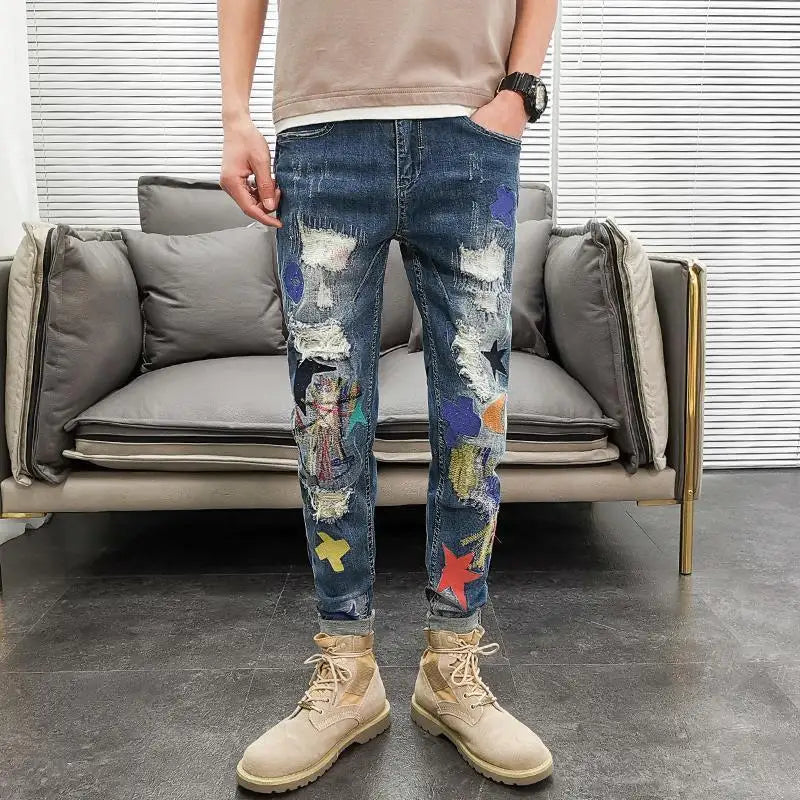 Graphic Men's Jeans Tapered Man Cowboy Pants Ripped with Print Torn Slim Fit Trousers Korean Fashion Retro Broken Harajuku Xs XL