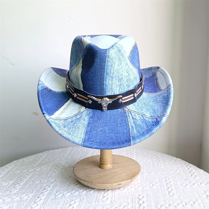Ethnic Style Cowboy Hat Fashion Chic Unisex Solid Color Jazz Hat With Bull Shaped Decor