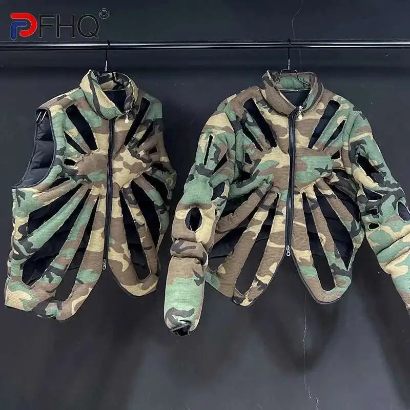 PFHQ Camouflage Vest Jacket Sleeveless Hollow Out Niche Zipper Contrast Color American Streetwear