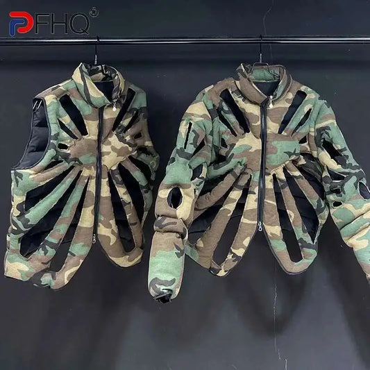 PFHQ Camouflage Vest Jacket Sleeveless Hollow Out Niche Zipper Contrast Color American Streetwear