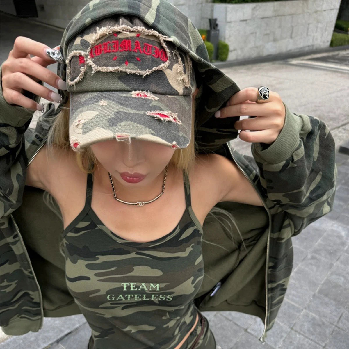 Unisex Broken Style Sanskrit Embroidery Baseball Hats Versatile American Sunshade Camouflage Peaked Caps