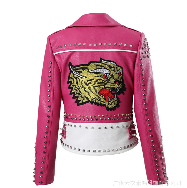 Punk Studded Motorcycle Leather Jacket Women 2026 Trend Streetwear Contrast Color Stitched Faux Leather Embroidered Jackets