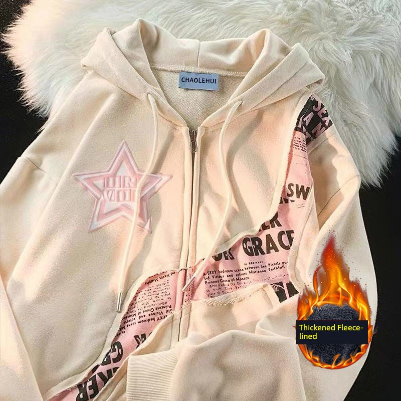 American Fried Street Star Letters Yabi Culture Patchwork Cardigan Sweatshirt Female Spring & Fall Y2g Sweet Cool Style Baggy Coat