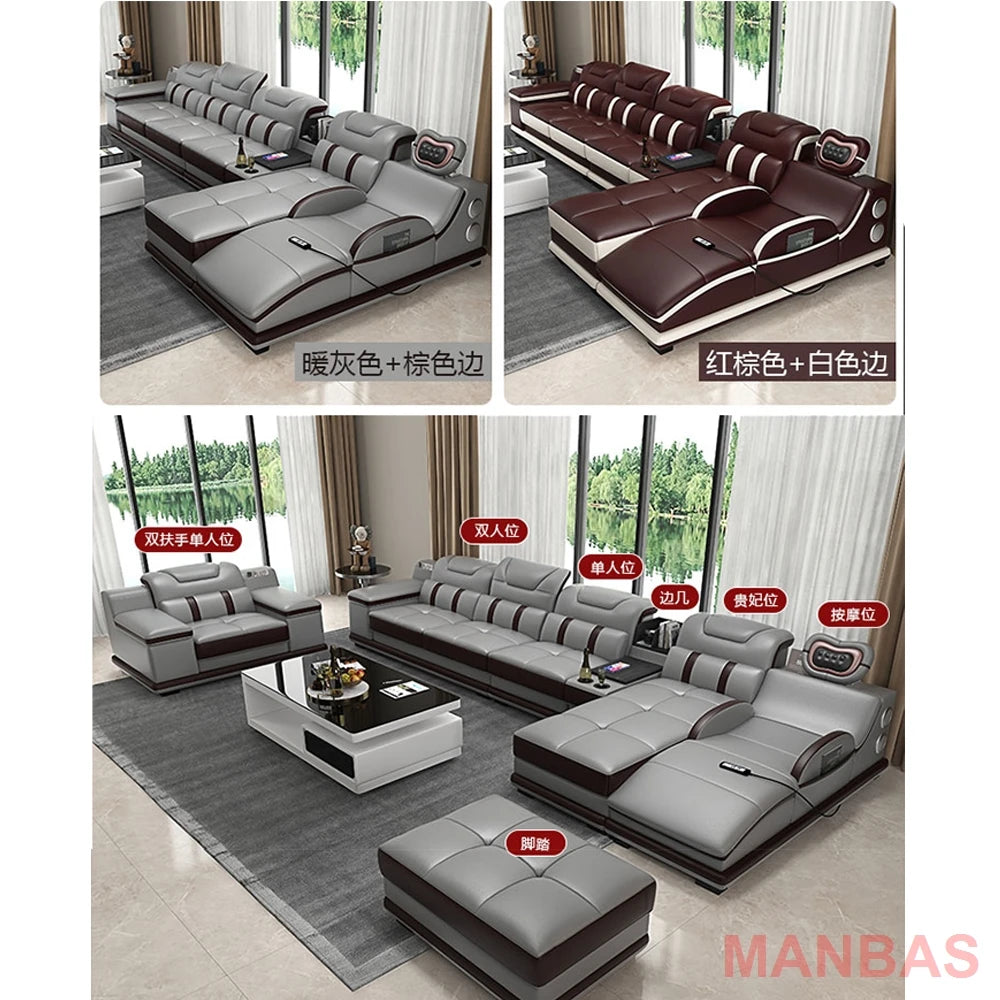 Italian Genuine Leather Sectional Sofa with Bluetooth, Speaker, Functional Headrest, Massage Chaise L Shape Corner