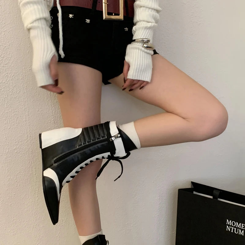 Black And White Boots Women Pointed Toe Lace Up Sports Style Wedges Shoe Fall Mid-calf Boots Comfort High Heels New Arrivals
