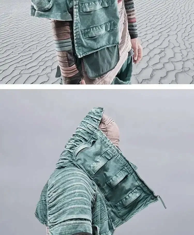 Men and Waste Soil Style  Asymmetric Deconstruction Pleated Jacket Futuristic Washed Short Coat Male