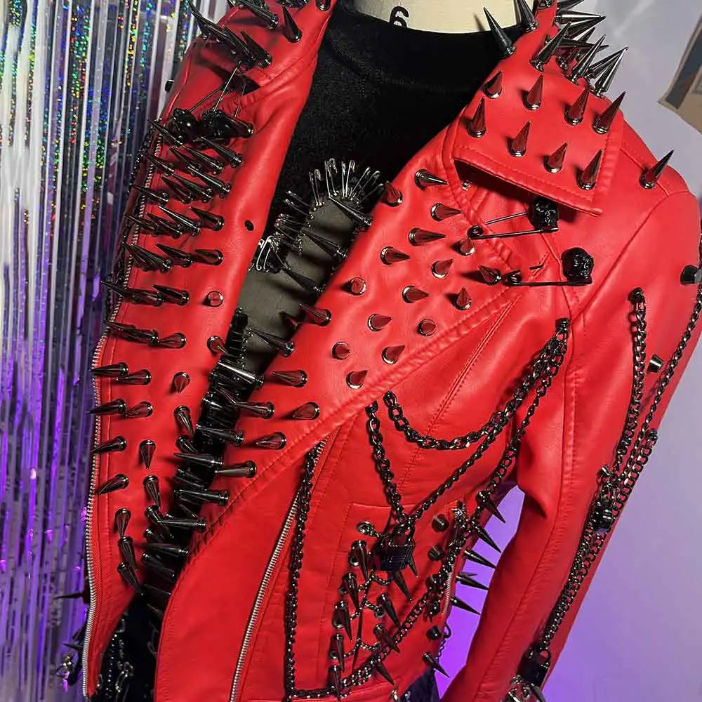Punk Rock E-Girls Club Wear Harajuku Coat Goth Y2K Pu leather Jacket Zipper Spike Studded Rivet Grunge Chain Emo