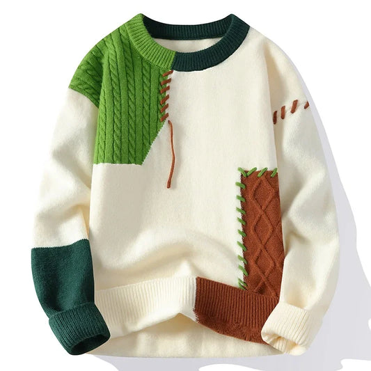 Men Patchwork Sweater O Neck Pullovers Spliced Long Sleeve  Wool Casual