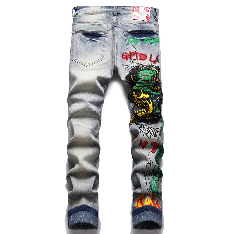 Mens Fashion Skull Painting Colored Street Jeans Letter Print Elastic Denim Skinny Night Club Pants Hip Hop Denim Trousers Blue