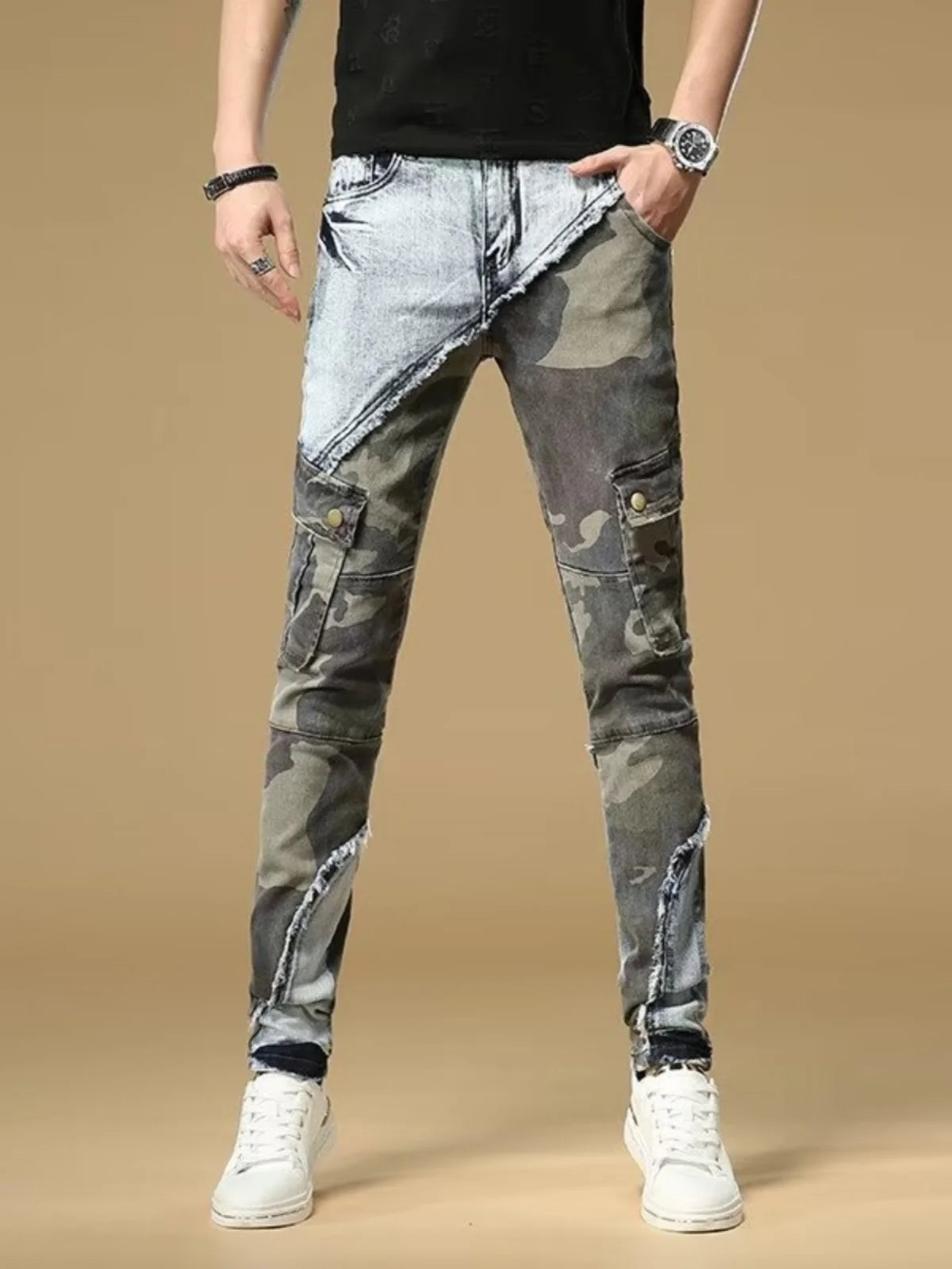 Men's Slim Fit Camouflage Jeans Casual High Stretch Denim