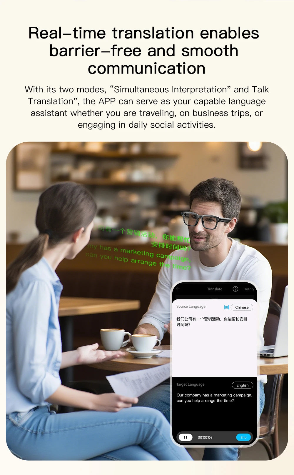Smart AI Translation Smart Glasses 800W HD Camera 1080P Video WIFI transmission Bluetooth Call
