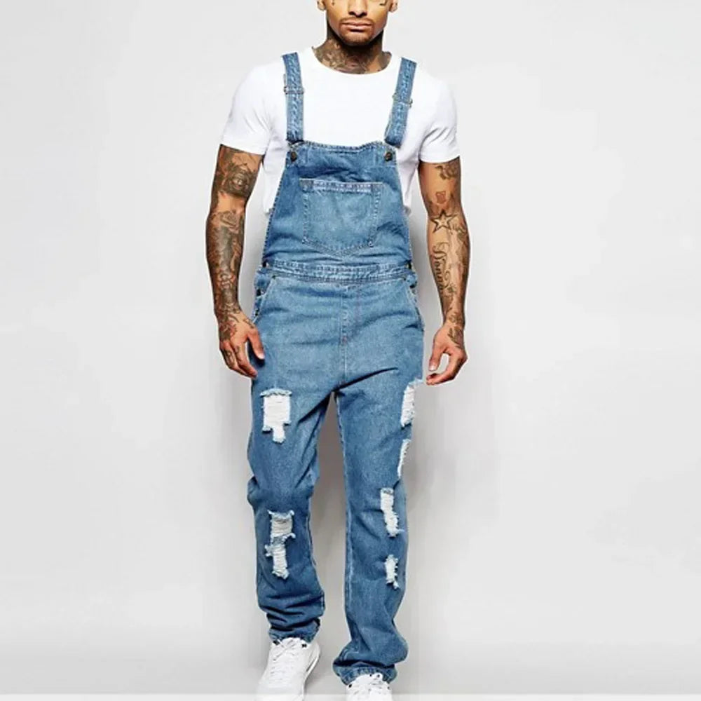 2026 Men's Ripped Denim Overalls Full Length Suspender Pants Homme Jeans High Street Jumpsuit Distressed Casual Trousers Male