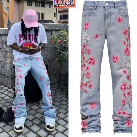 Men Jeans Print Straight Pants Men Denim Jean Button Pockets Pants Streetwear High Street Mid Waist Hole Spliced Spring Summer
