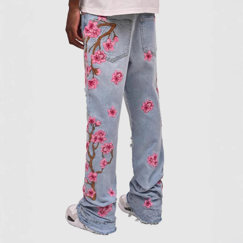 Men Jeans Print Straight Pants Men Denim Jean Button Pockets Pants Streetwear High Street Mid Waist Hole Spliced Spring Summer