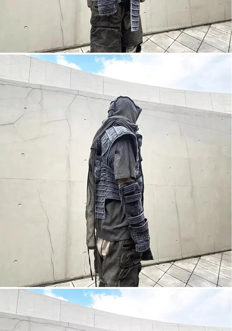 Pioneer Waste Soil Sand Dune Heavy Industry washed Asymmetric stereoscopic Bag Layered High Collar Vest coat