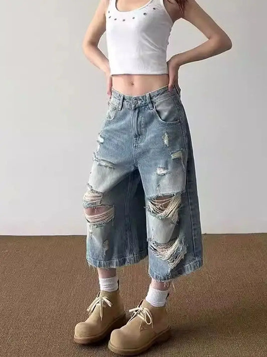 Vintage Ripped Baggy Short Jeans Women Grunge Distressed Oversized Jorts Y2k Retro Punk Streetwear Wide Leg Denim Shorts