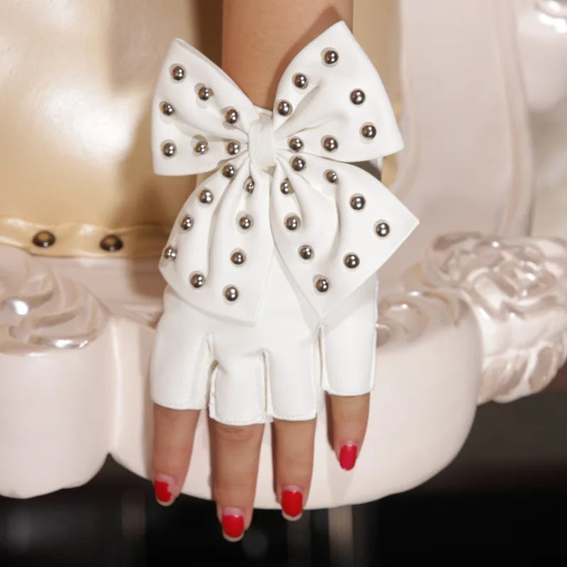Fashion PU Leather Gloves Big Bow Rivet Sexy Disco Dancing Rock And Roll, Black Punk