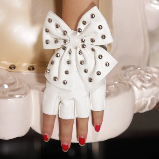 Fashion PU Leather Gloves Big Bow Rivet Sexy Disco Dancing Rock And Roll, Black Punk