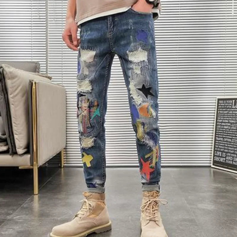 Graphic Men's Jeans Tapered Man Cowboy Pants Ripped with Print Torn Slim Fit Trousers Korean Fashion Retro Broken Harajuku Xs XL