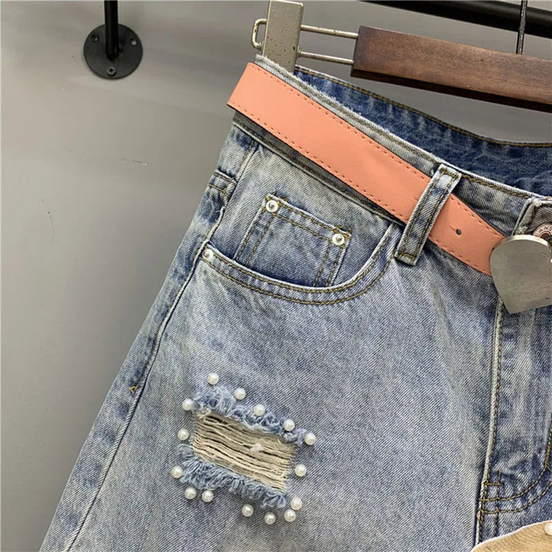 Denim Shorts Womens Heavy Industry Beauty Map Tassel Sequins Beads Broken Hole Five-point Denim Shorts Summer Y2K Straight Pants
