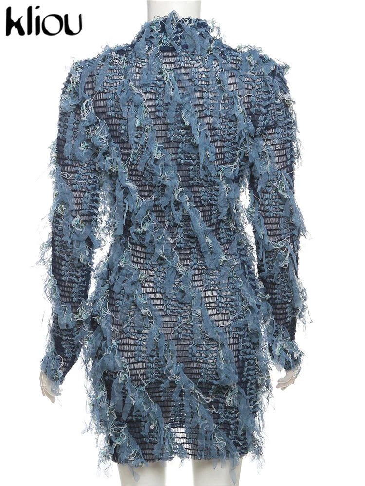 kliou Ruched Patchwork Mini Dress Women Striped Stacked Autumn Full Sleeve Crew Neck Holes Chic Bodycon Female Trend Streetwear