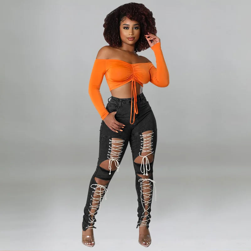 Women's Lace Up Skinny Jeans Stretch Distressed Destroyed Denim Pants Sexy Daily Date Street Going Out Night Club Party Jeans