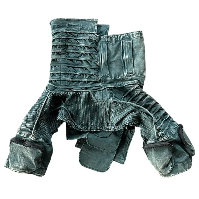 Men and Waste Soil Style  Asymmetric Deconstruction Pleated Jacket Futuristic Washed Short Coat Male